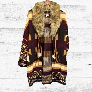 Brown Patterned Cardigan with Faux Fur Collar